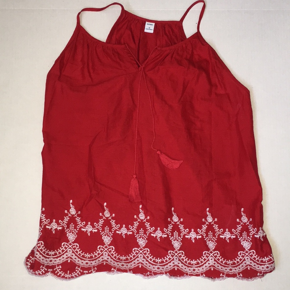 Old Navy Red Cotton Top With Embroidered Hem Spaghetti Straps | Size M
